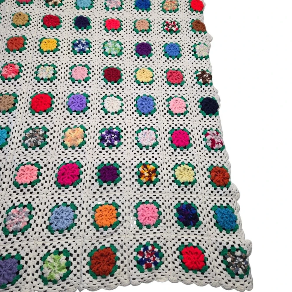 Vintage 3D Crochet Granny Square Blanket Floral White Handmade Afghan Throw